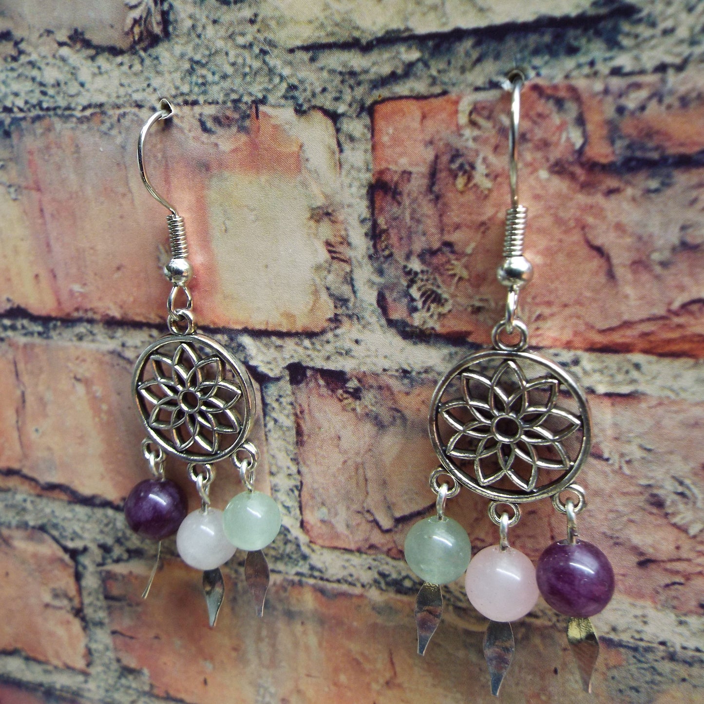 Rose Quartz, Amethyst, and Fluorite Mandala Handmade Earrings
