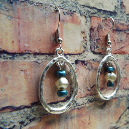 Teal Glass & Pearl Wavy Teardrop Handmade Earrings