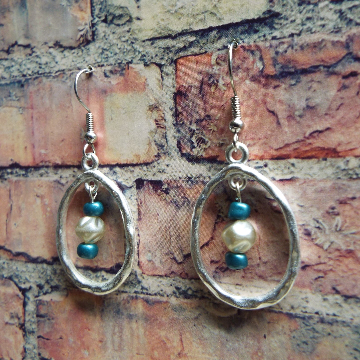 Teal Glass & Pearl Wavy Teardrop Handmade Earrings