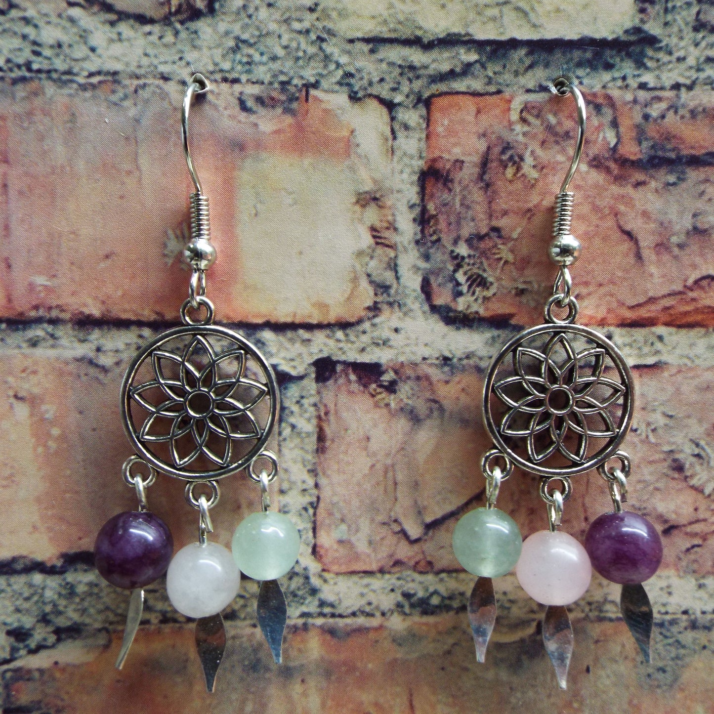 Rose Quartz, Amethyst, and Fluorite Mandala Handmade Earrings