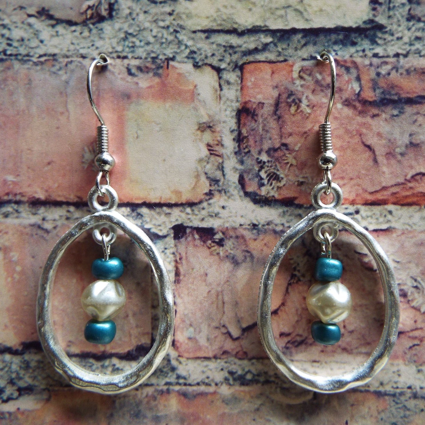Teal Glass & Pearl Wavy Teardrop Handmade Earrings