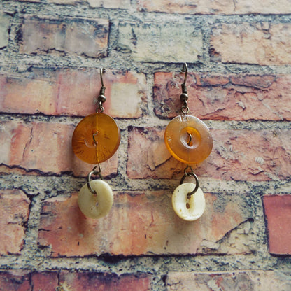 Amber and Mother of Pearl Vintage Button Handmade Earrings