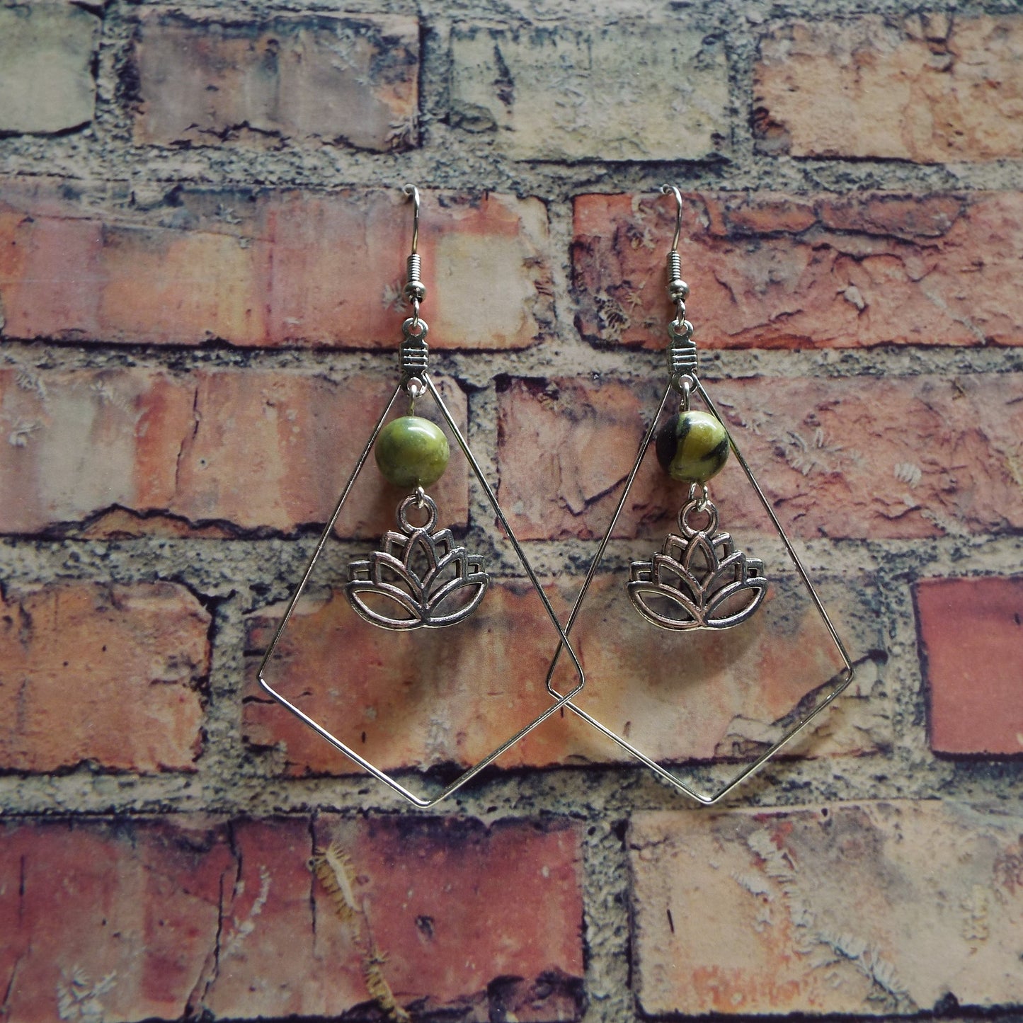 Grass Jasper and Lotus Blossom Handmade Earrings