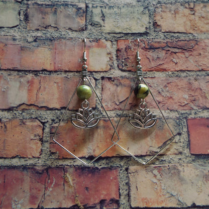 Grass Jasper and Lotus Blossom Handmade Earrings