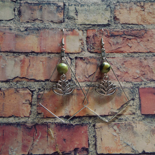 Grass Jasper and Lotus Blossom Handmade Earrings