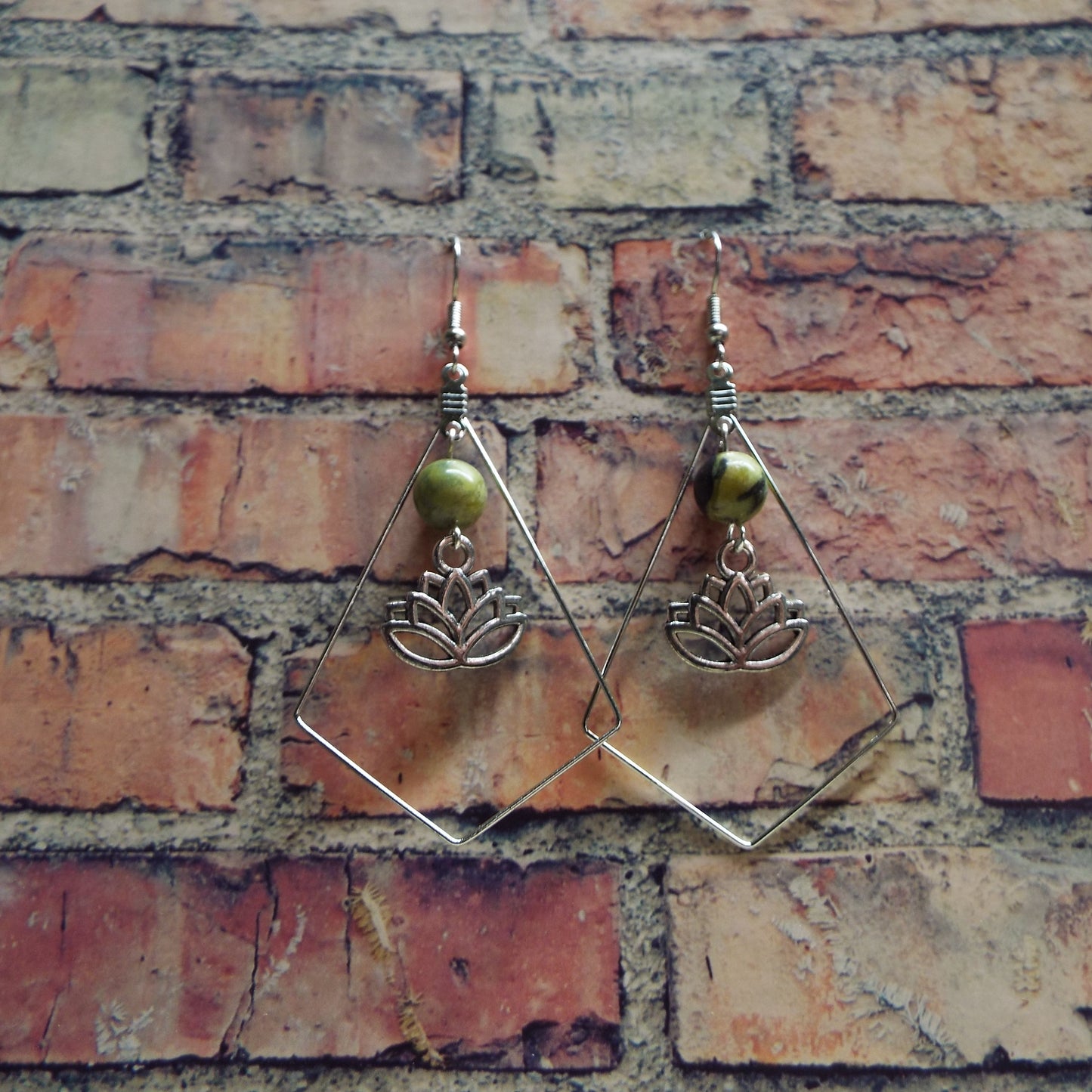 Grass Jasper and Lotus Blossom Handmade Earrings