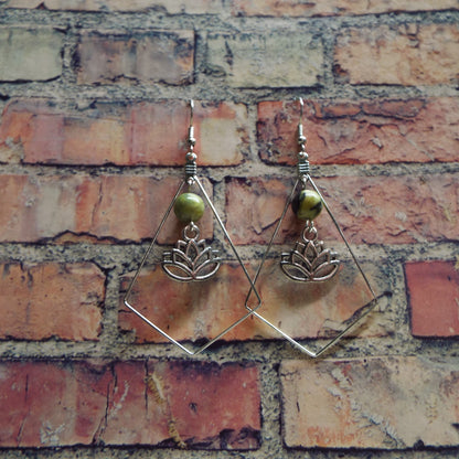 Grass Jasper and Lotus Blossom Handmade Earrings