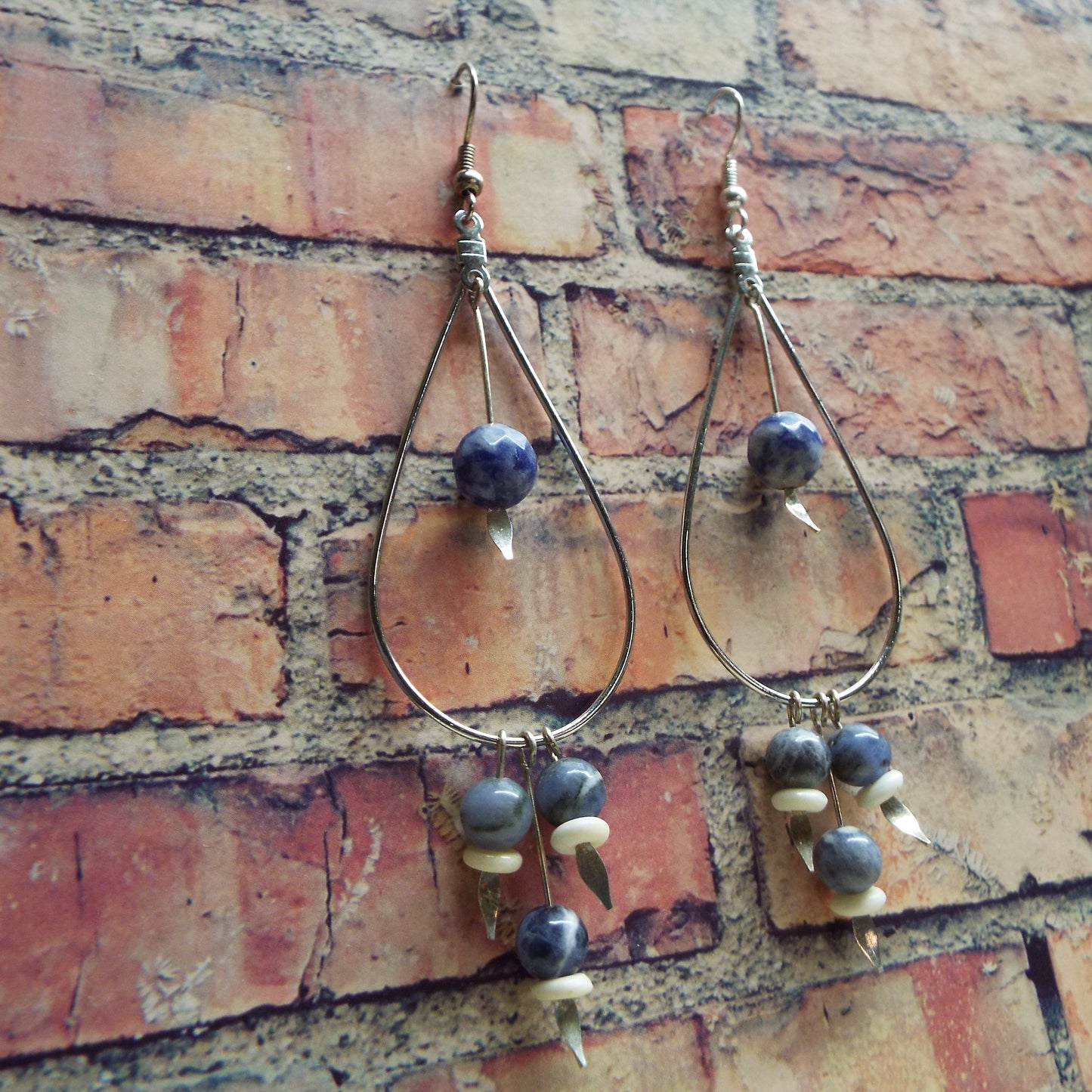 Sodalite and Carved Bone Teardrop Earrings