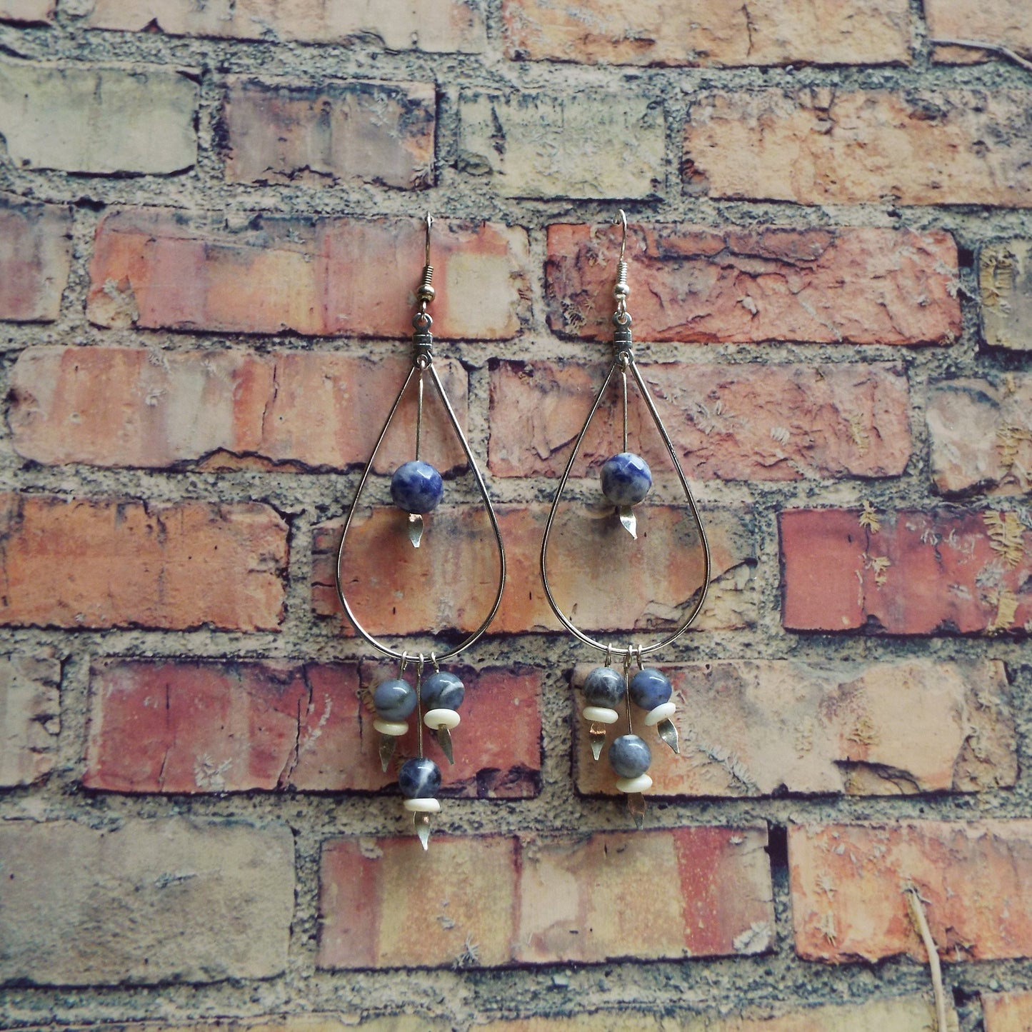 Sodalite and Carved Bone Teardrop Earrings